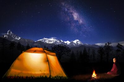 tent, bonfire, mountains